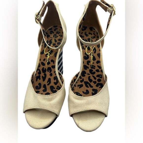 Jessica Simpson Nude and Navy Striped Wedge Size 7.5 - Picture 1 of 15